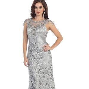 Elegant Silver Beaded Lace Evening Gown-Sz. 14